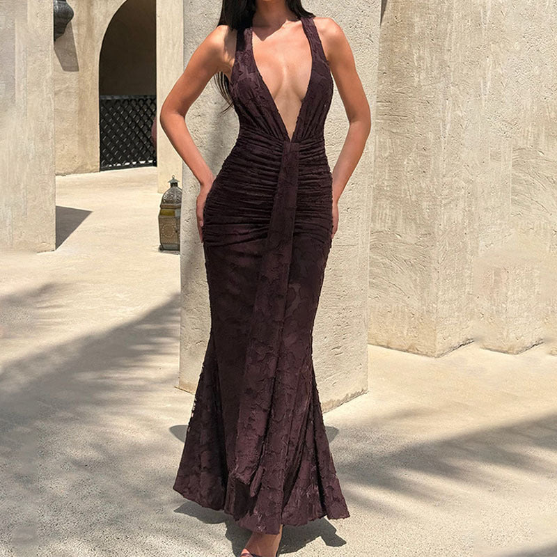 Damen Elegantes, figurbetontes Abendkleid mit tiefem V-Ausschnitt und Rüschendetails Drune