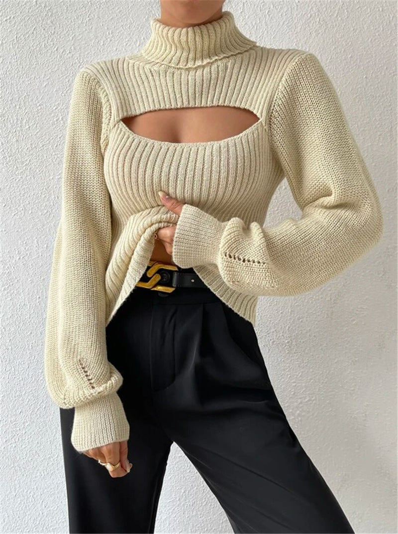 Damen Strickpullover mit Trendigem Cut-Out und Hohem Kragen Drune