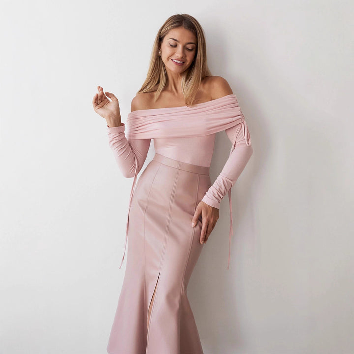 Damen Off-Shoulder Bluse mit Raffungen und langen Ärmeln Drune