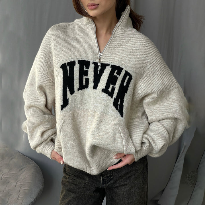 Damen lässiger Strickpullover mit halbem Reißverschluss und Statement-Print Drune