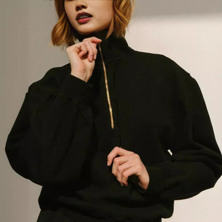 Damen lässiger Zip-Pullover mit hohem Kragen und weitem Schnitt Drune