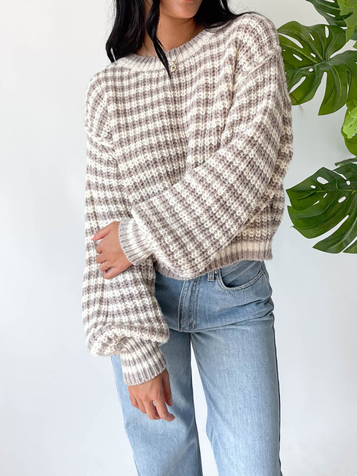Damen Cropped Strickpullover mit weit ausgestellten Ärmeln und Streifenmuster Drune
