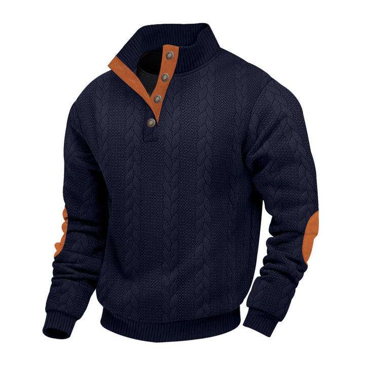 Herren nan strukturiertes Kabelstrick-Henley-Pullover mit Stehkragen und Ellbogenpatches Drune