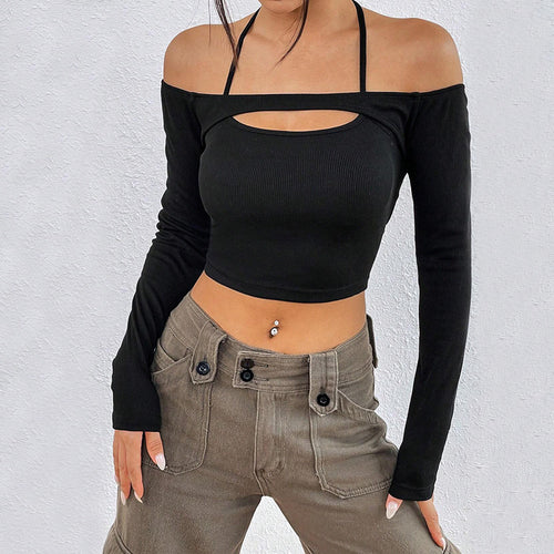 Damen Off-Shoulder Crop-Top mit asymmetrischem Cut-Out und langen Ärmeln Drune