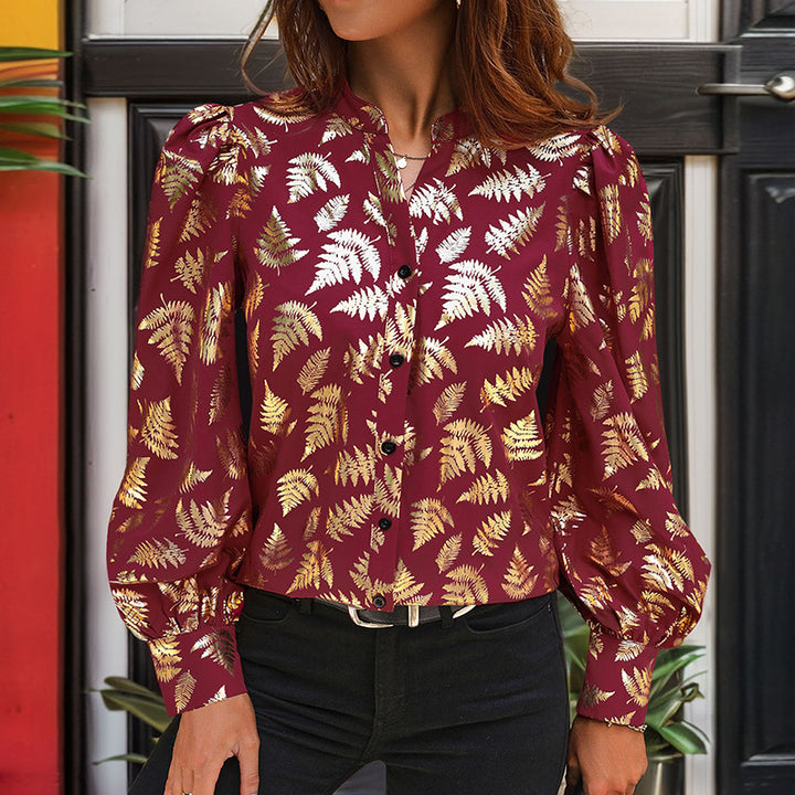Damen Bluse mit elegantem Blattmuster und Puffärmeln Drune