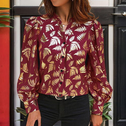 Damen Bluse mit elegantem Blattmuster und Puffärmeln Drune