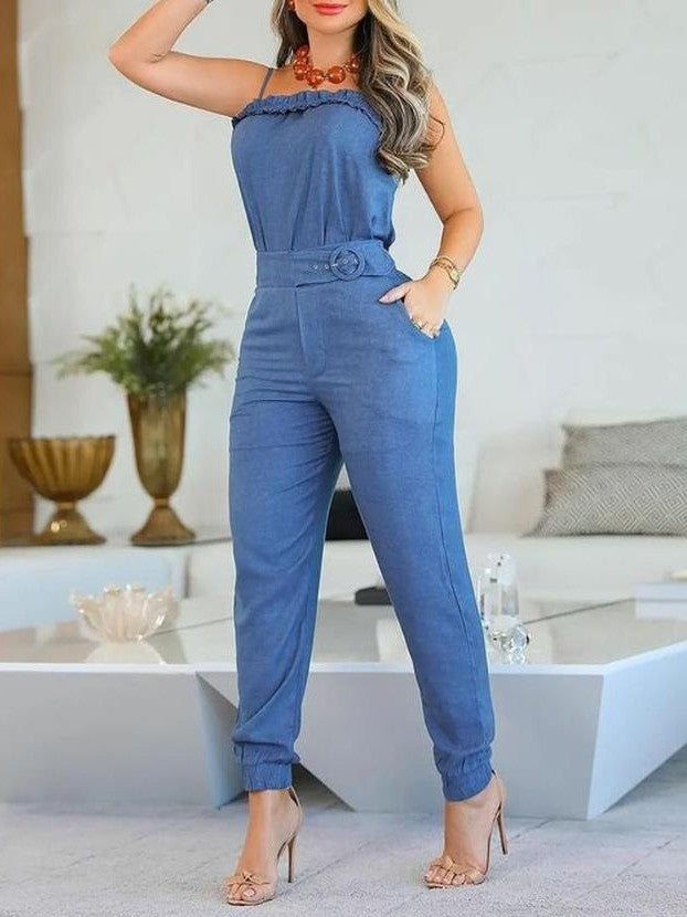 Damen lässiger Jumpsuit mit Rüschendetails und verstellbarem Taillengürtel Drune