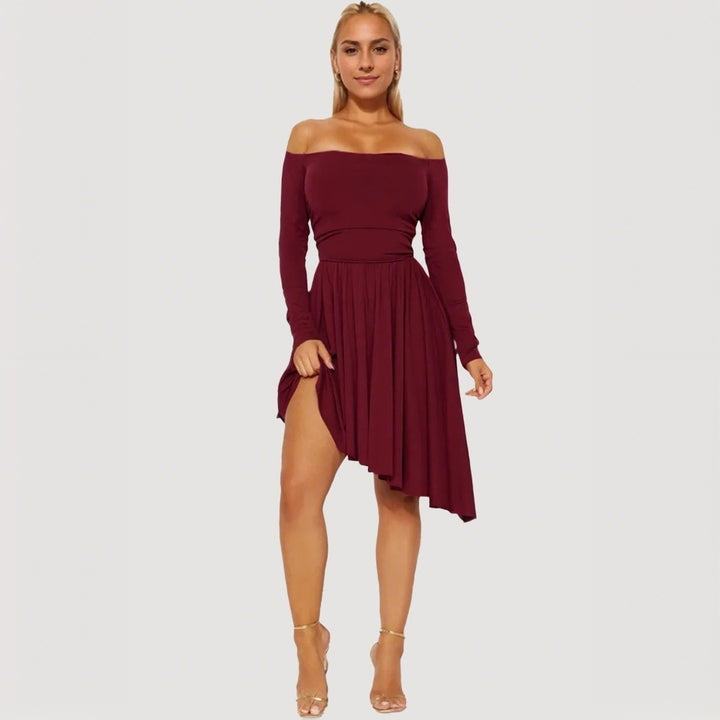 Damen Off-Shoulder Midi-Kleid mit asymmetrischem Saum und langen Ärmeln Drune