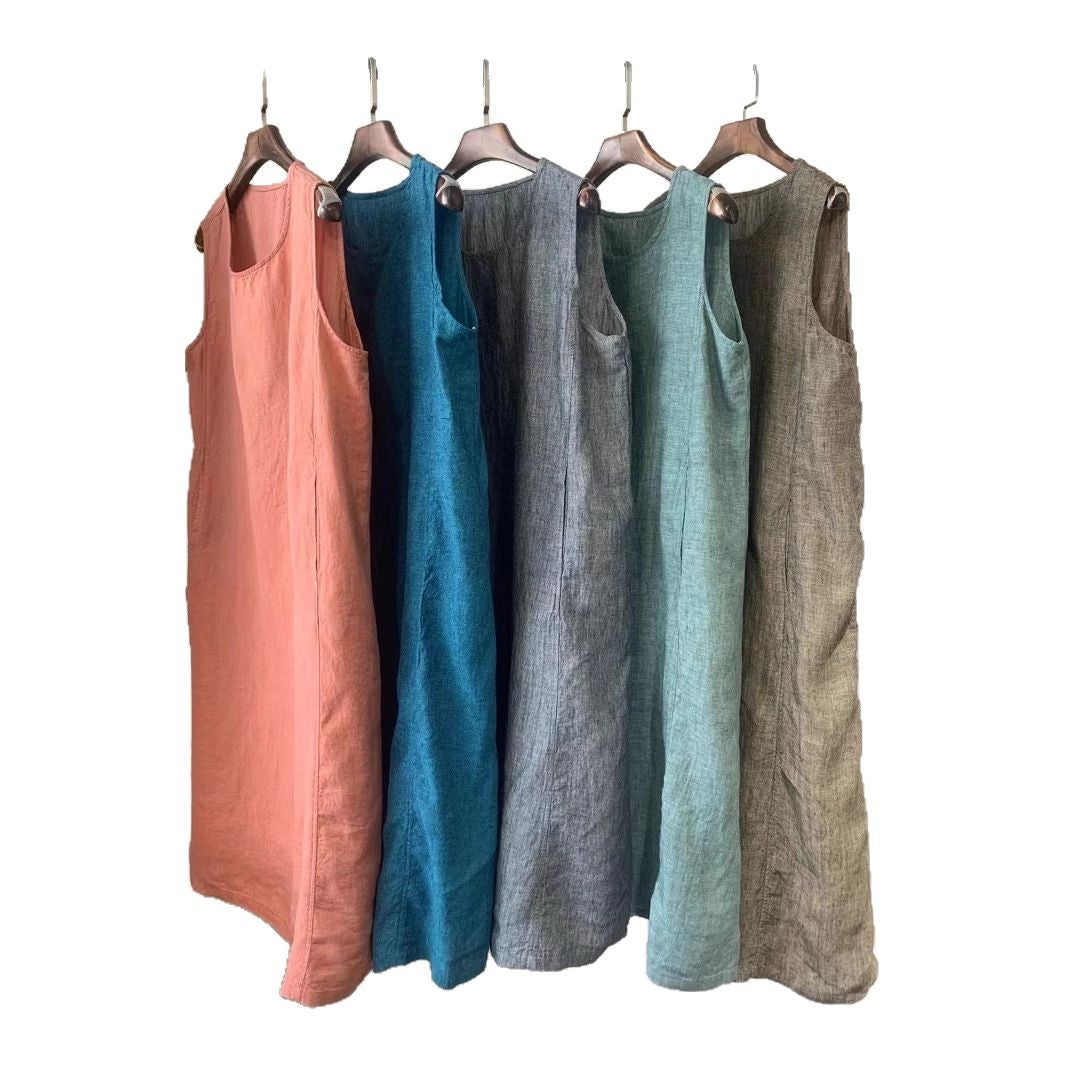 Damen Ärmelloses Leinen Shift Kleid Drune