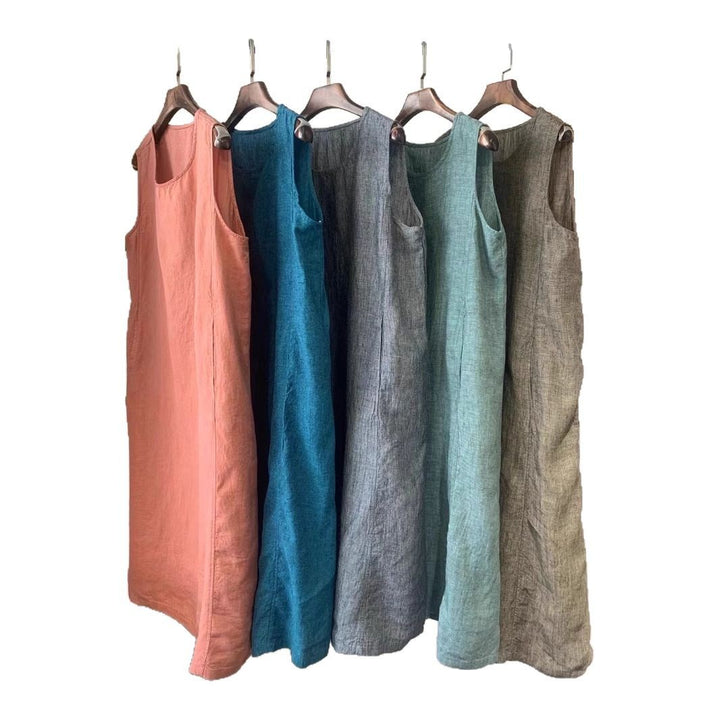 Damen Ärmelloses Leinen Shift Kleid Drune