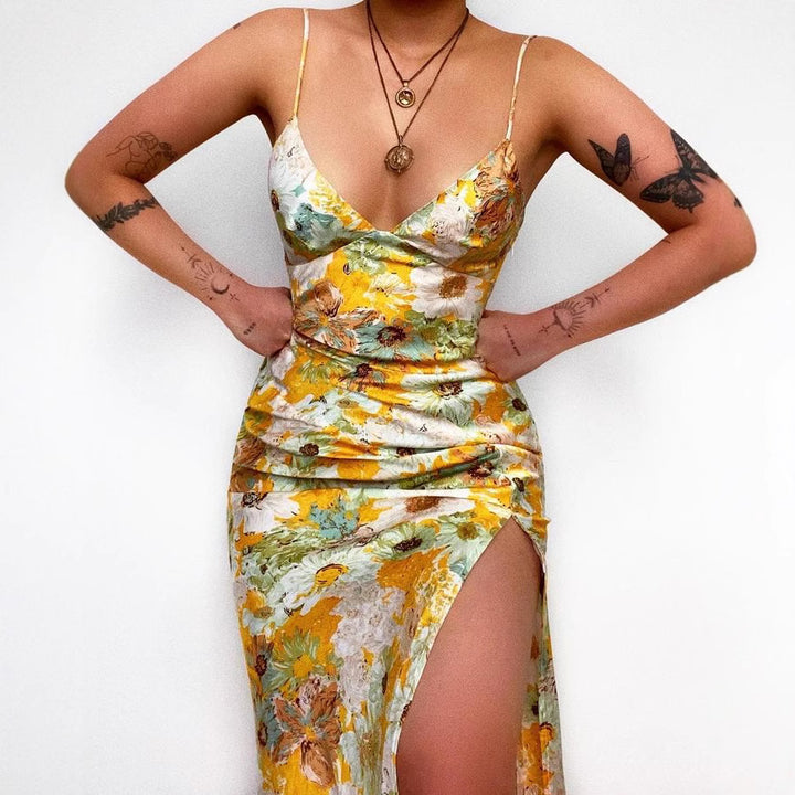 Damen Maxikleid mit tiefem V-Ausschnitt und elegantem Schlitz Drune