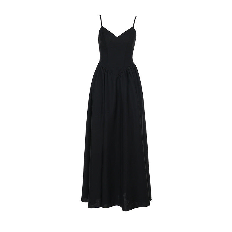 Damen elegantes Maxikleid mit feinen Spaghettiträgern und fließendem Rock Drune