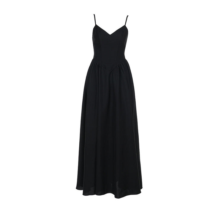 Damen elegantes Maxikleid mit feinen Spaghettiträgern und fließendem Rock Drune