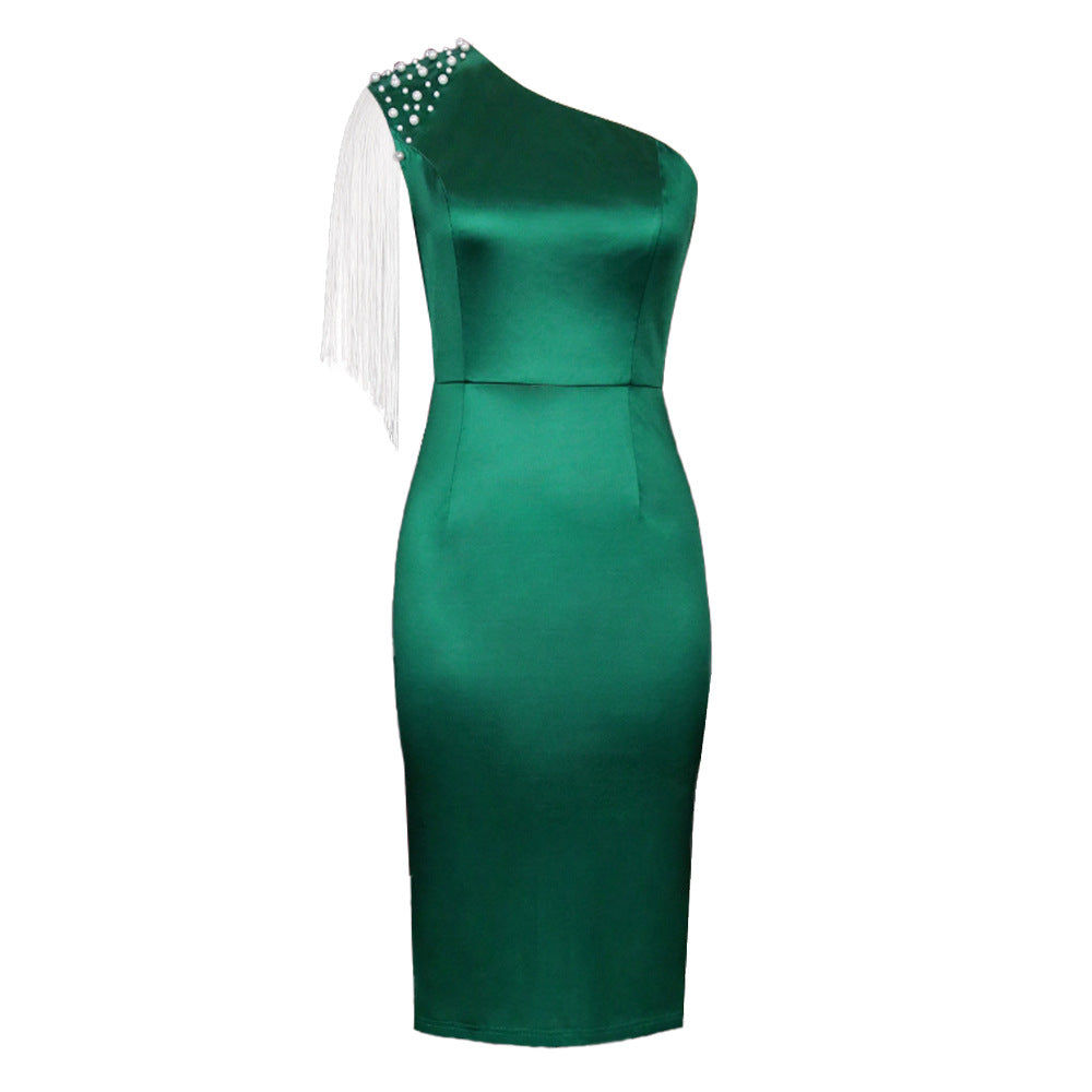 Damen Elegantes asymmetrisches Cocktailkleid mit Perlen- und Fransen-Details Drune