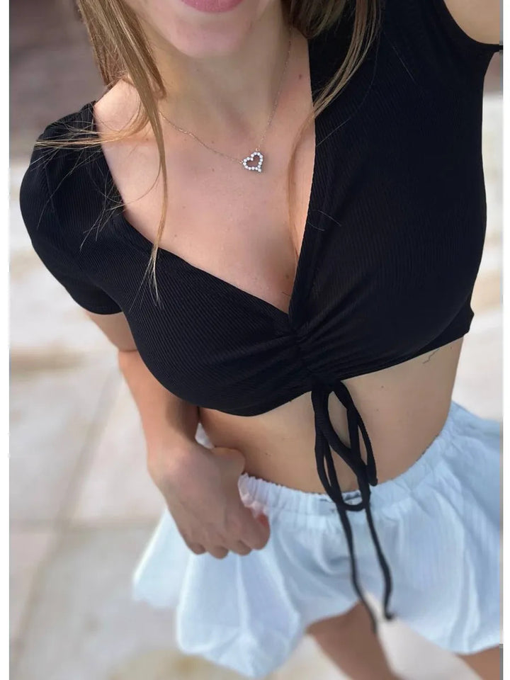 Damen Crop-Top mit modischem Raffungselement und Kordelzug Drune