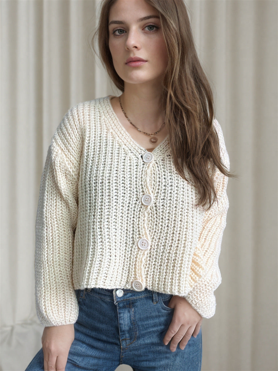 Damen cropped Strickjacke mit grober Maschenstruktur und großen Knöpfen Drune