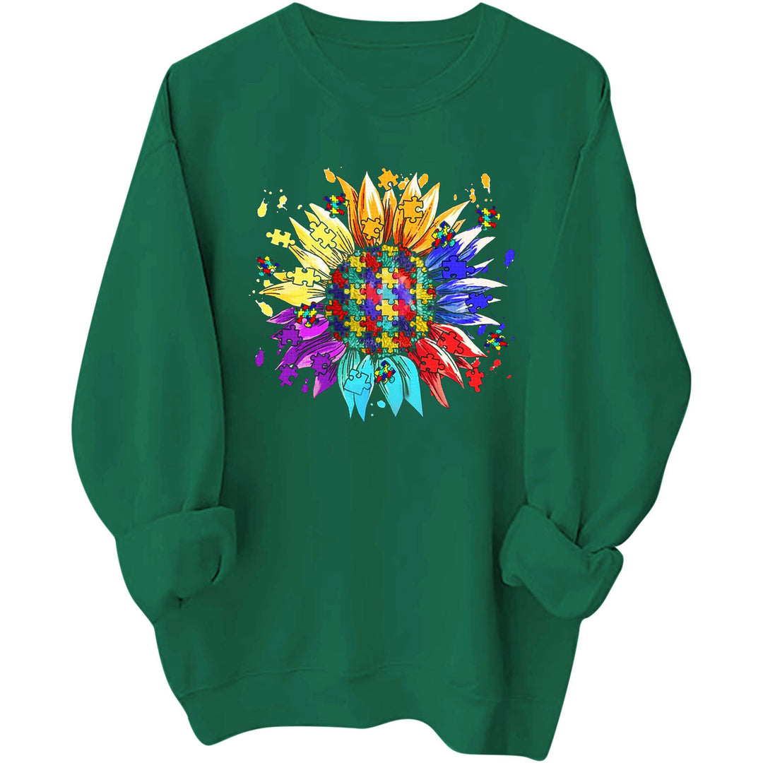 Damen Sweatshirt mit kreativem Puzzle-Blumenmotiv und bequemer Passform Drune