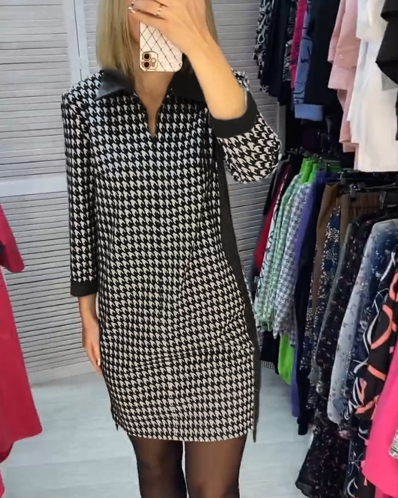 Damen nan Hahnentritt-Strickkleid mit umgelegtem Kragen, V-Ausschnitt, Eingrifftaschen und seitlichen Schlitzen Drune