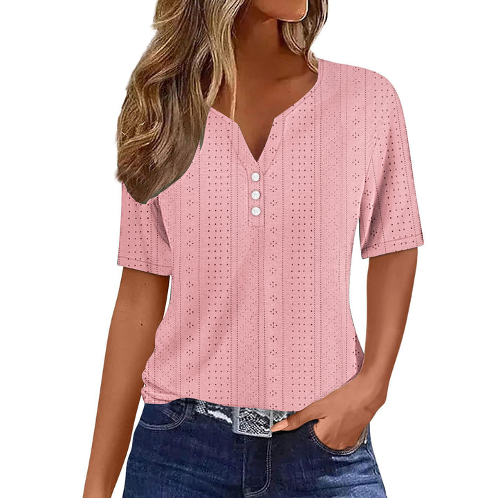 Damen kurzärmeliges T-Shirt mit Knopfdetails und eingewebtem Muster Drune