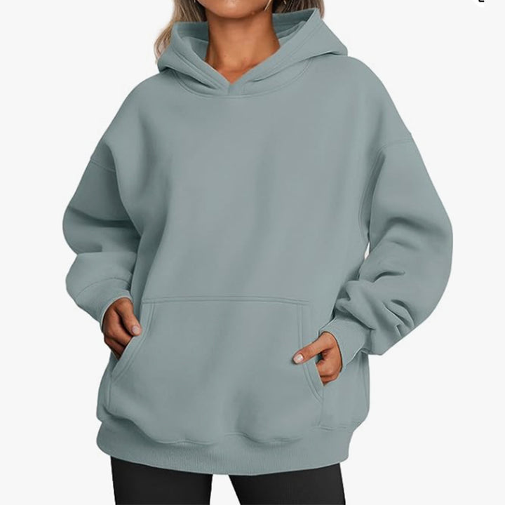 Damen nan Relax-Fleece Kapuzenpullover mit Kängurutasche, verlängerter Rücken und überschnittener Schulter Drune
