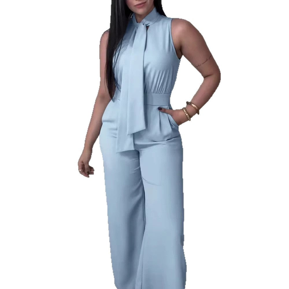 Damen eleganter Jumpsuit mit fließendem Schnitt und bindbarem Kragen Drune