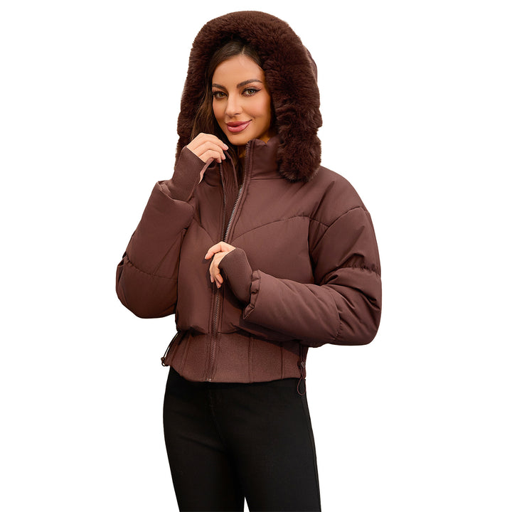 Damen cropped Daunenjacke mit abnehmbarer Kapuze und Kunstfellbesatz Drune