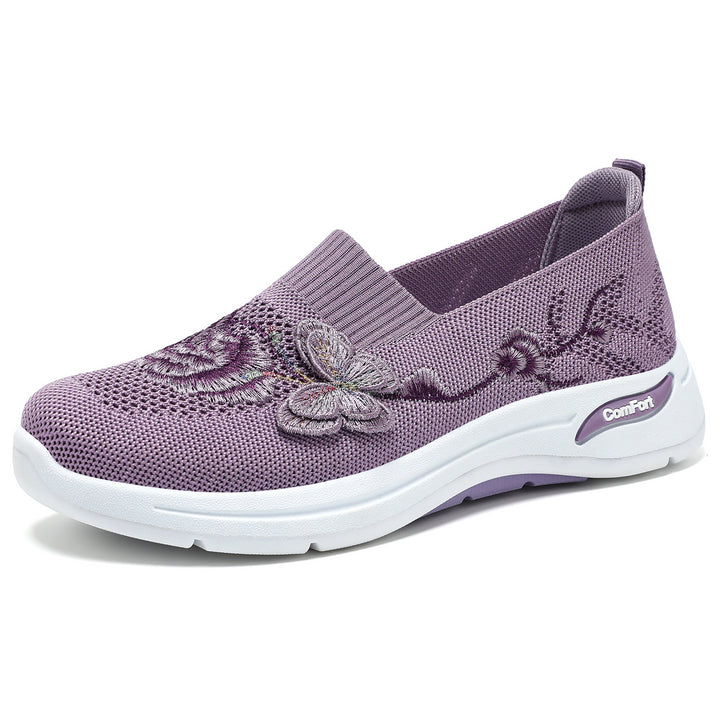Damen nan gestrickter Slip-On Slipper mit 3D-Blumenstickerei und ergonomischer Komfort-Zwischensohle Drune