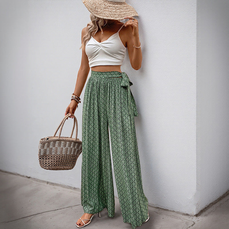 Damen Weite Palazzo-Hose mit seitlichem Bindegürtel und elegantem Print Drune