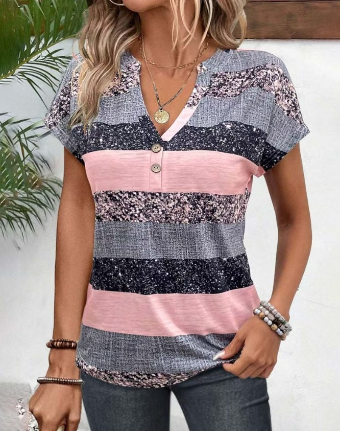Damen nan gestreiftes Viskosemix-Relaxshirt mit V-Ausschnitt, Krempelärmeln und dekorativer Knopfleiste Drune