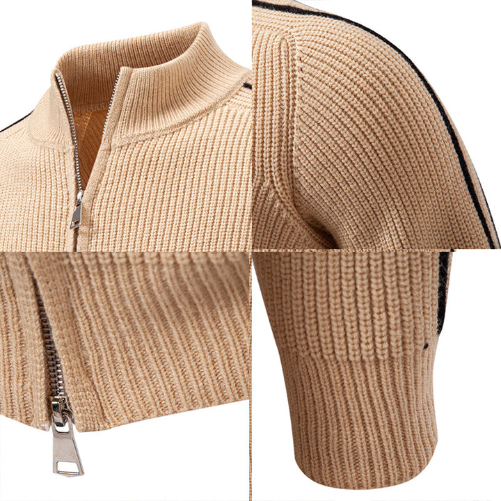 Herren nan Reißverschluss-Strickjacke mit Stehkragen, strukturierter Rippenoptik und kontraststreifen Drune
