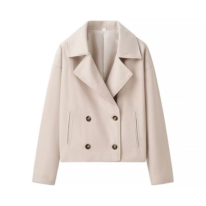 Damen modische cropped Bikerjacke mit doppeltem Knopfverschluss und elegantem Revers Drune