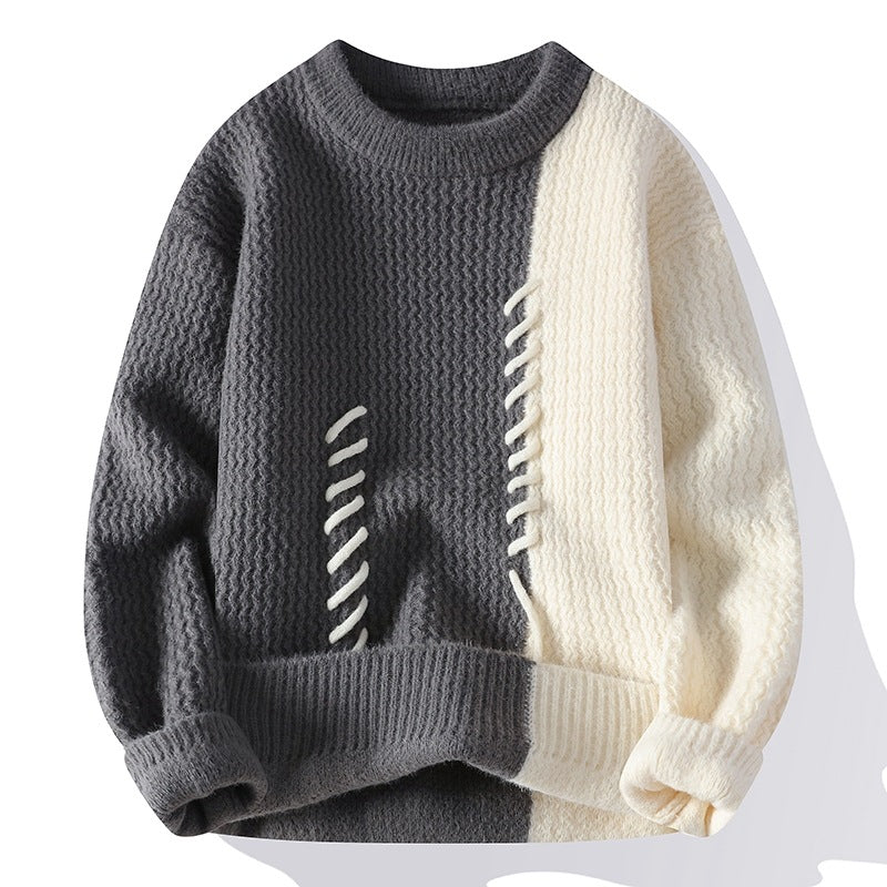 Unisex nan strukturierter Strickpullover mit asymmetrischem Zweifarbdesign und dekorativer Ziernaht Drune