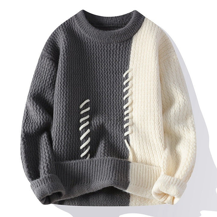 Unisex nan strukturierter Strickpullover mit asymmetrischem Zweifarbdesign und dekorativer Ziernaht Drune