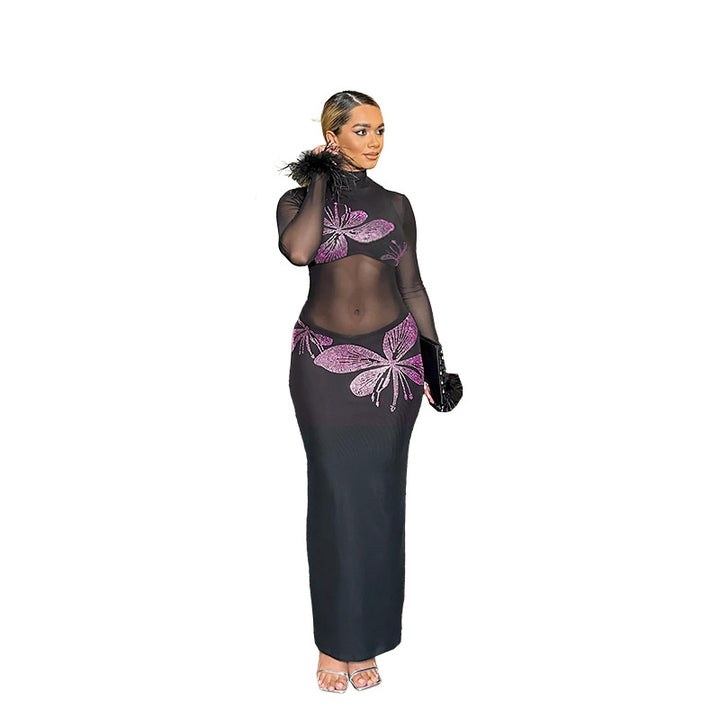 Damen Transparente Maxi-Robe mit kunstvollen Schmetterlingsdetails Drune