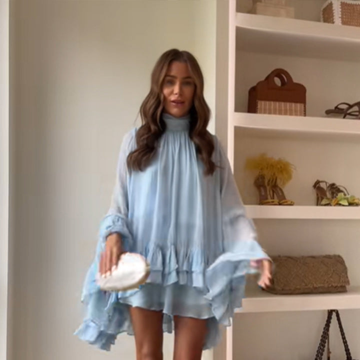 Damen Wickelkleid mit stilvollem Rüschendesign und hohem Kragen Drune