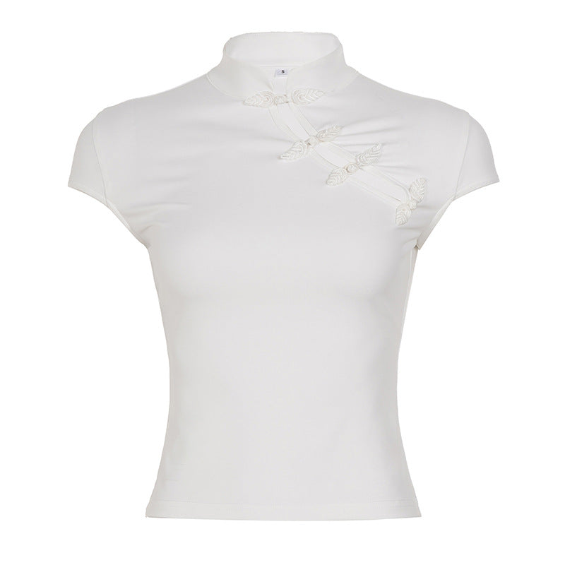 Damen Chiffonoberteil mit elegantem Stehkragen und feinen Stickdetails Drune
