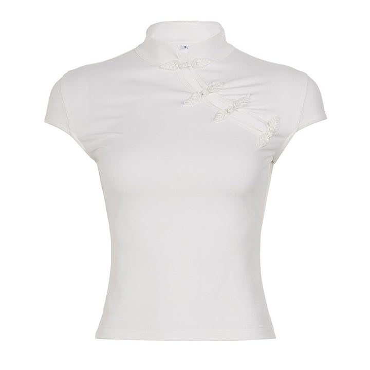 Damen Chiffonoberteil mit elegantem Stehkragen und feinen Stickdetails Drune