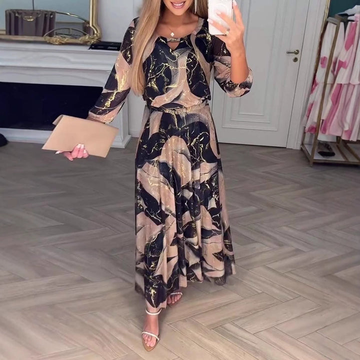 Damen nan Maxikleid mit abstraktem Marmorprint, Chiffon-Overlay, Schlüssel-Loch-Ausschnitt und elastischer Taillenpasse Drune