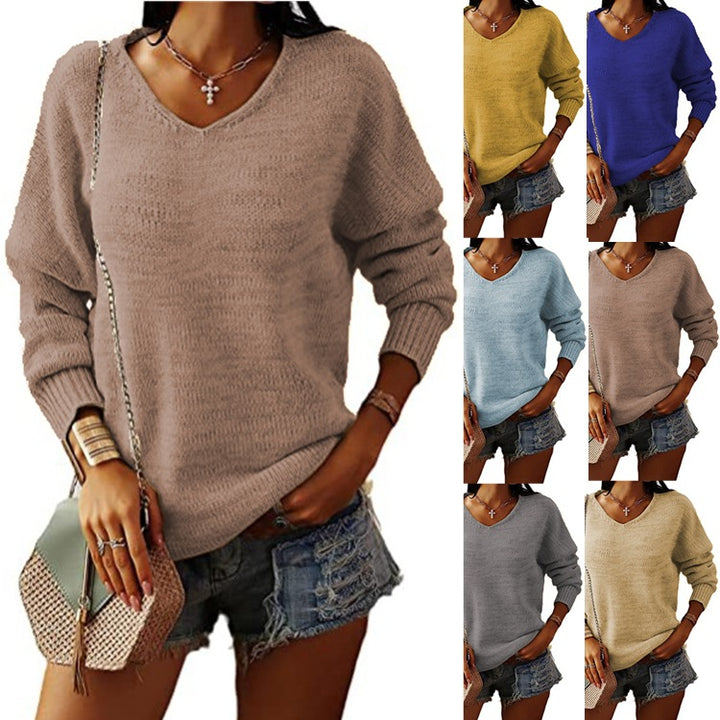 Damen lockerer V-Ausschnitt Pullover aus feinem Strick Drune