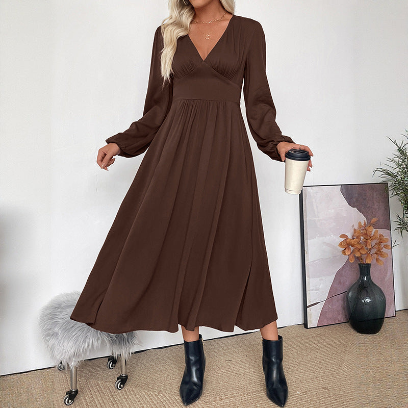 Damen Maxi-Kleid mit V-Ausschnitt und Ballonärmeln Drune