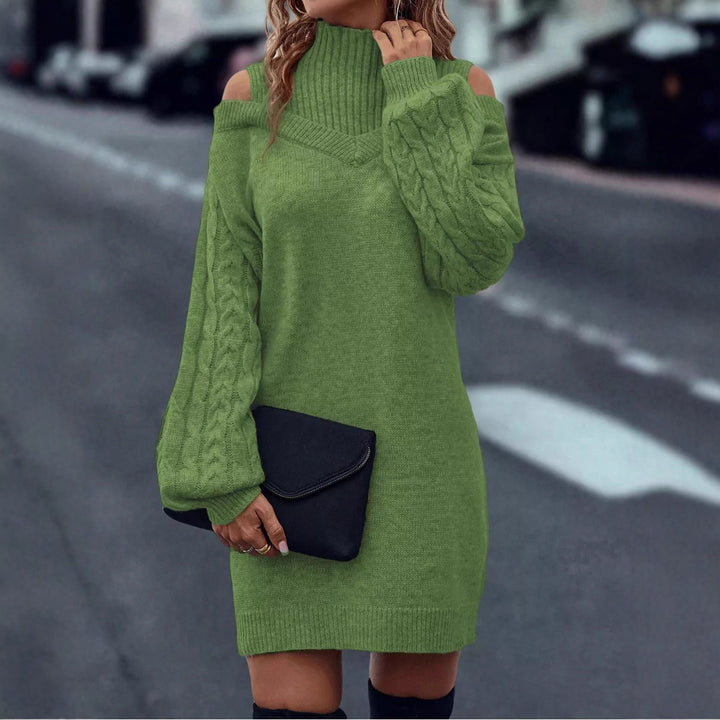 Damen Strickkleid mit off-shoulder Design und komplexer Zopfmusterstruktur Drune