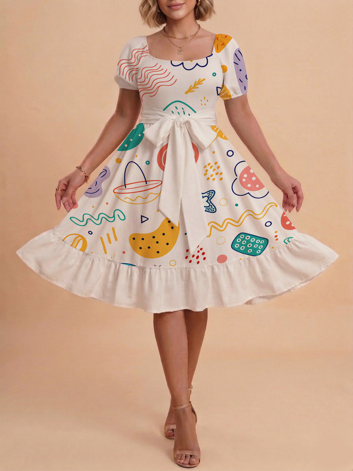 Damen Sommerkleid mit floralem Puffärmel und taillierbarem Gürtel Drune