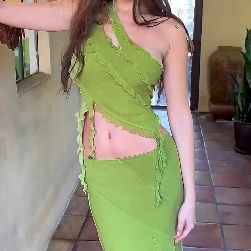 Damen hochgeschlossenes Maxikleid mit asymmetrischem Rüschendesign und eleganter Drapierung Drune
