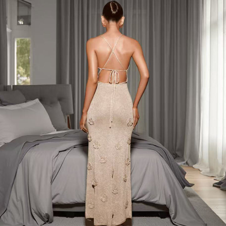 Damen elegantes Strickkleid mit raffiniertem Blumenstickereien Drune