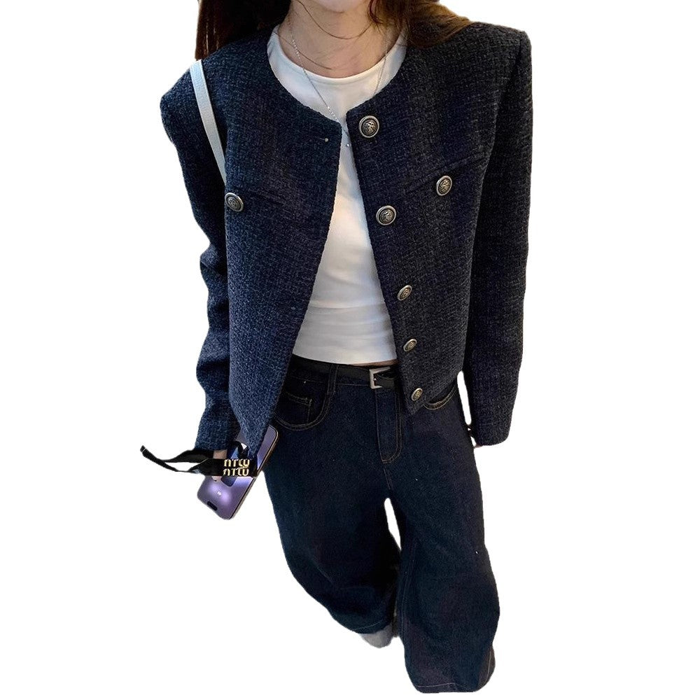 Damen elegante Kurzjacke mit strukturiertem Stoff und dekorativen Knopfdetails Drune