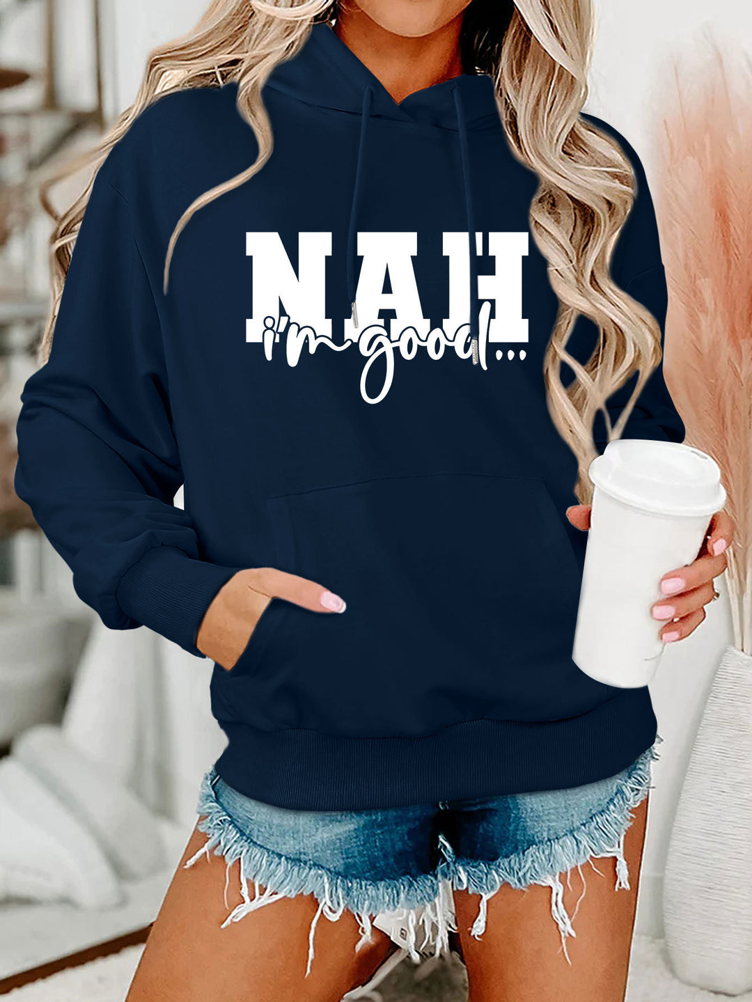Damen Kapuzenpullover mit motivierendem Schriftzug und bequemer Passform Drune