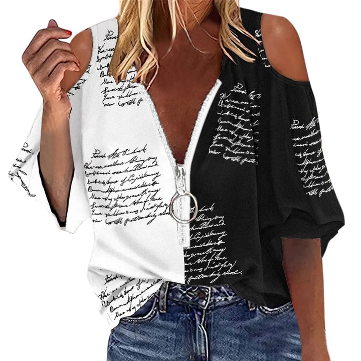 Damen Trendige Bluse mit Kalt-Schulter-Design und Reißverschluss Drune