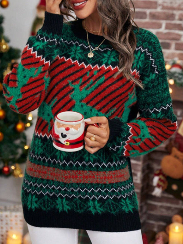 Damen festlicher Weihnachts-Strickpullover mit Raubtier-Muster und lässigem Schnitt Drune