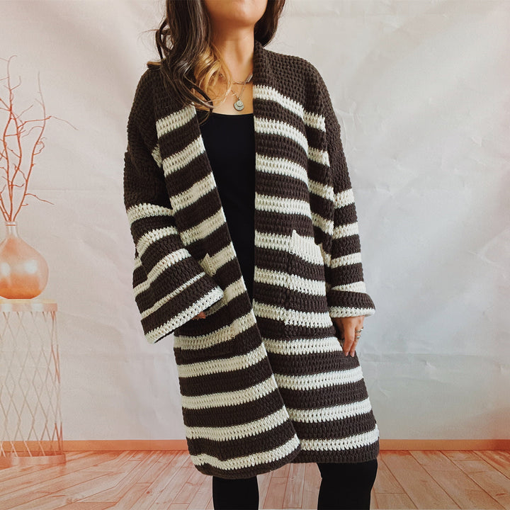 Damen lässige Strickjacke mit modernem Streifenmuster und offener Front Drune