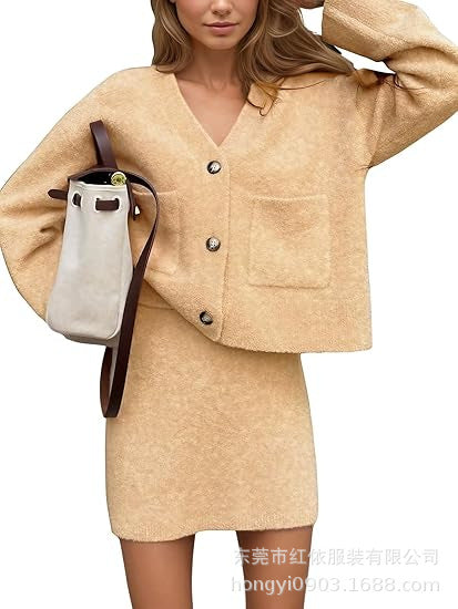 Damen lässiges Strickensemble mit V-Ausschnitt und Knopfdetaillierung Drune